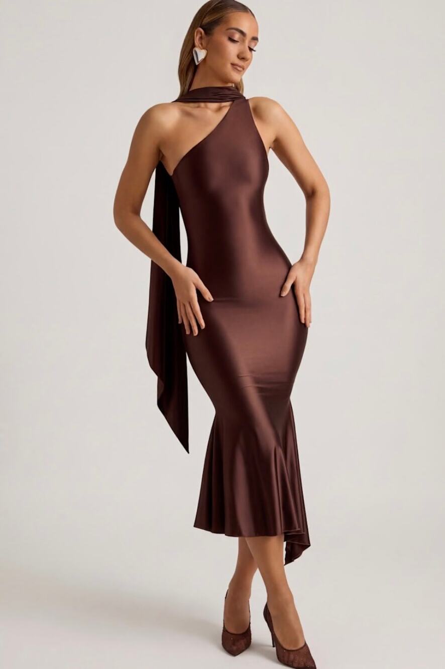 Oh Polly Shaya Asymmetric Scarf-Detail Midaxi Dress in Chocolate Brown Size 4
